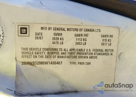 1998 Buick Century Custom из США, поврежденный, VIN 2G4WS52M8W1438467